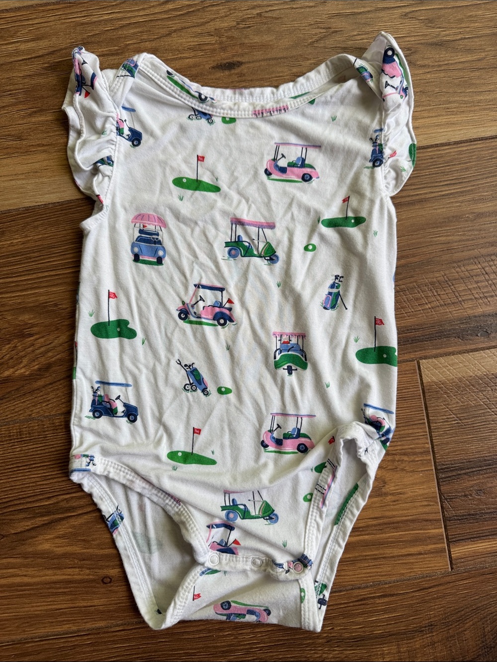 Angel Dear Bamboo White One-Piece with Pink, Green & Blue Golf Cart Print